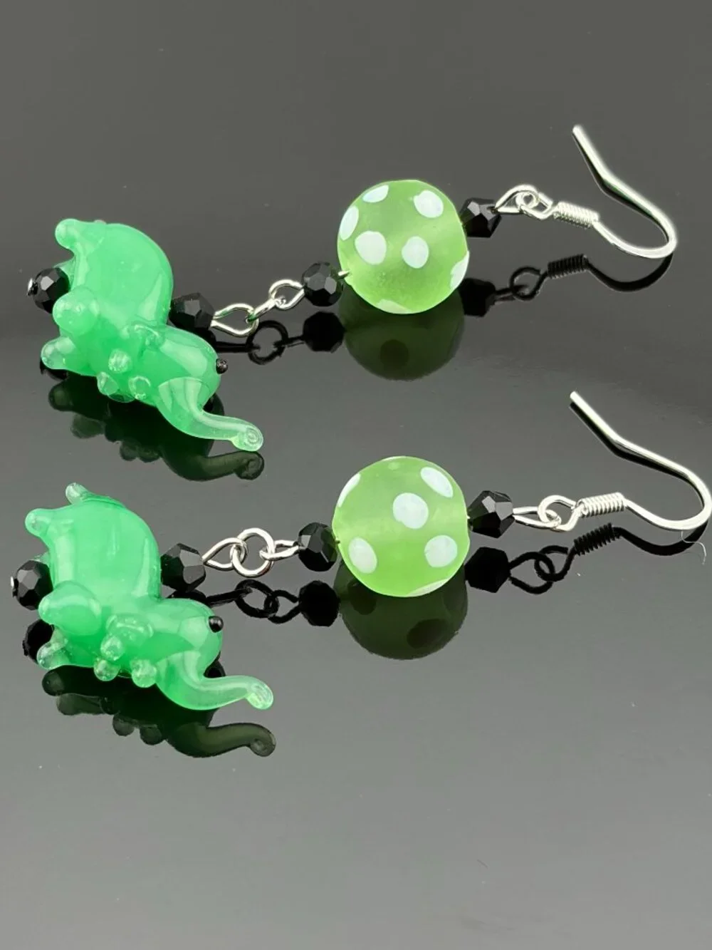 Green Elephant Lampwork Polka Dot Glass Bead Whimsical Handmade Earrings LR222
